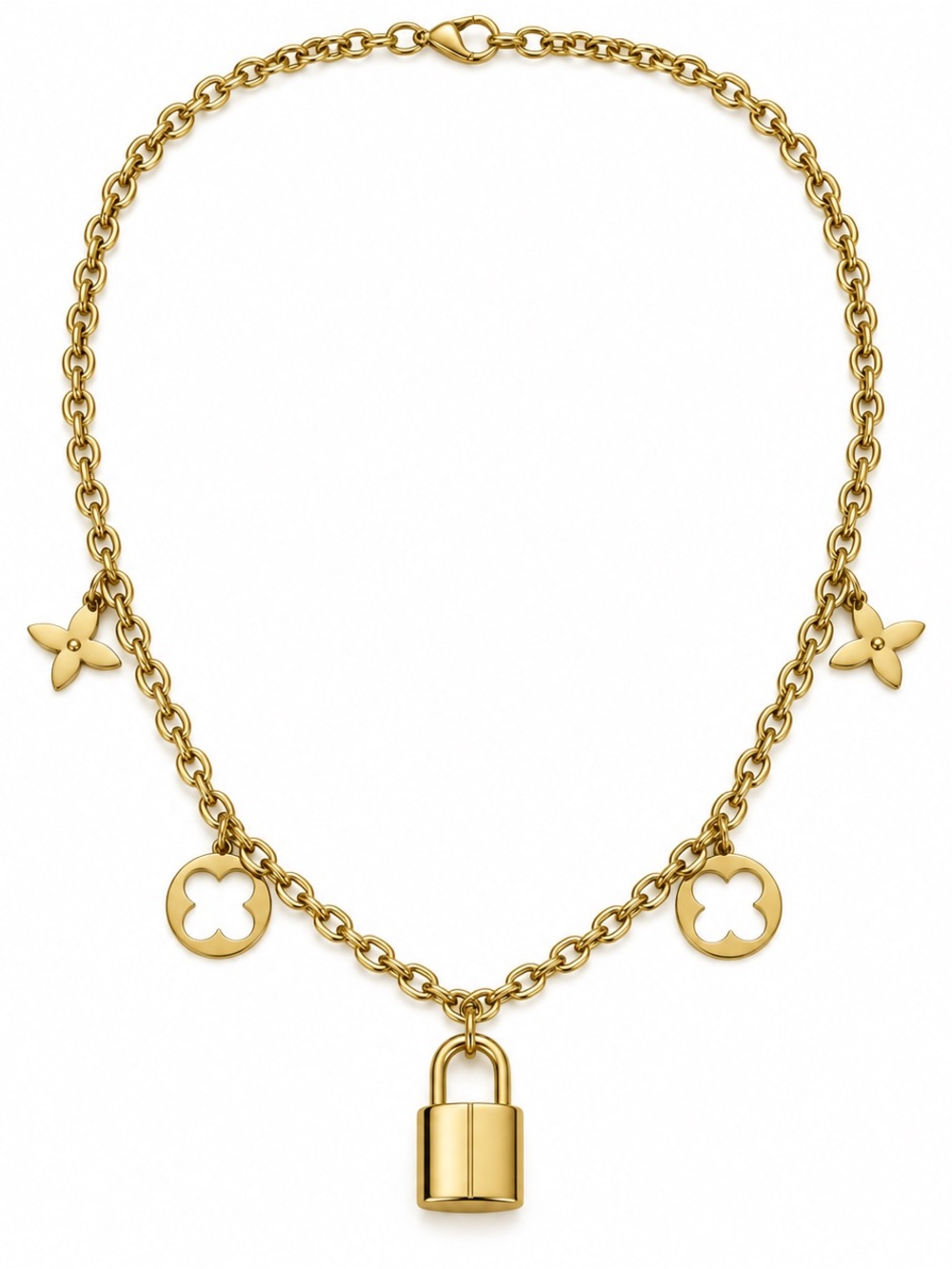 Gold-Tone Padlock & Clover Charm Necklace